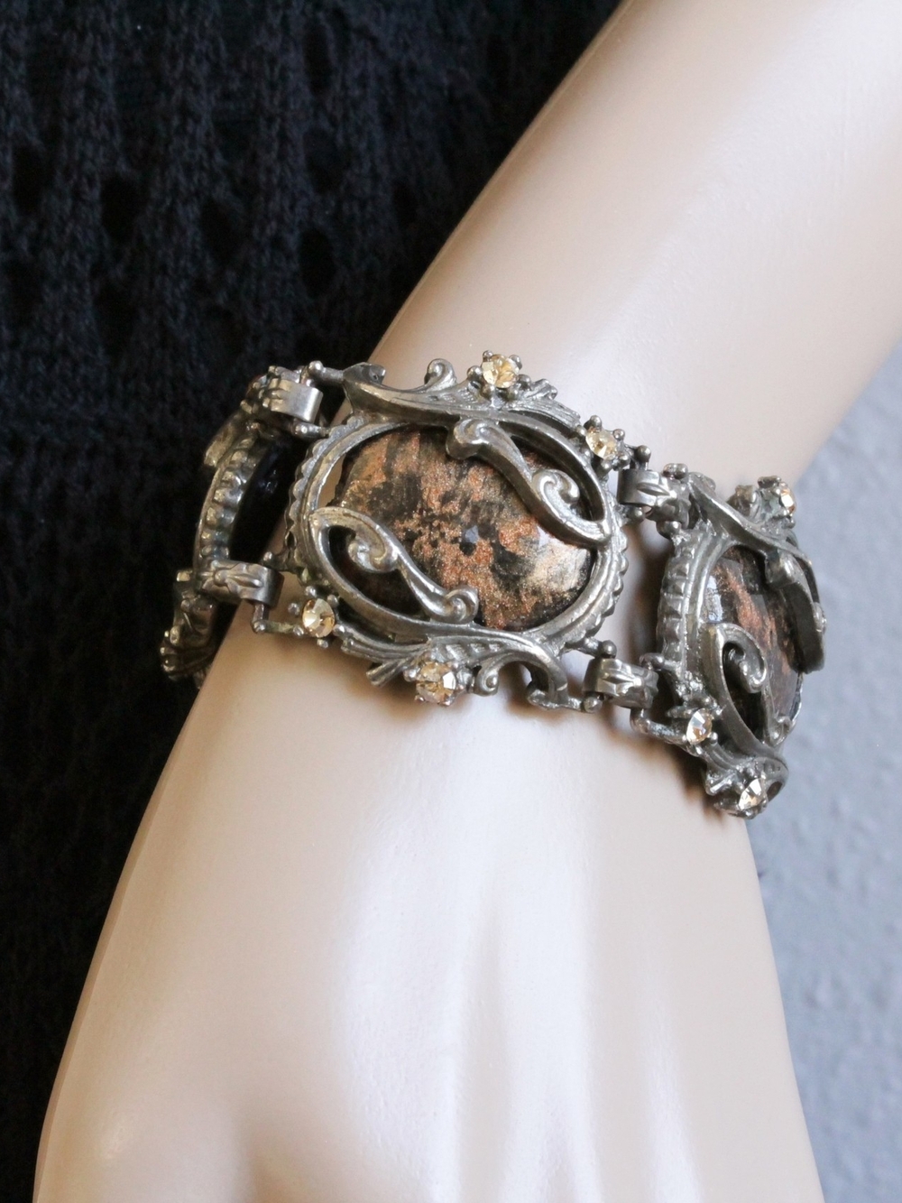 Vintage Pewter Scrollwork Bracelet with Smoky Swirls In Brown Cabochons